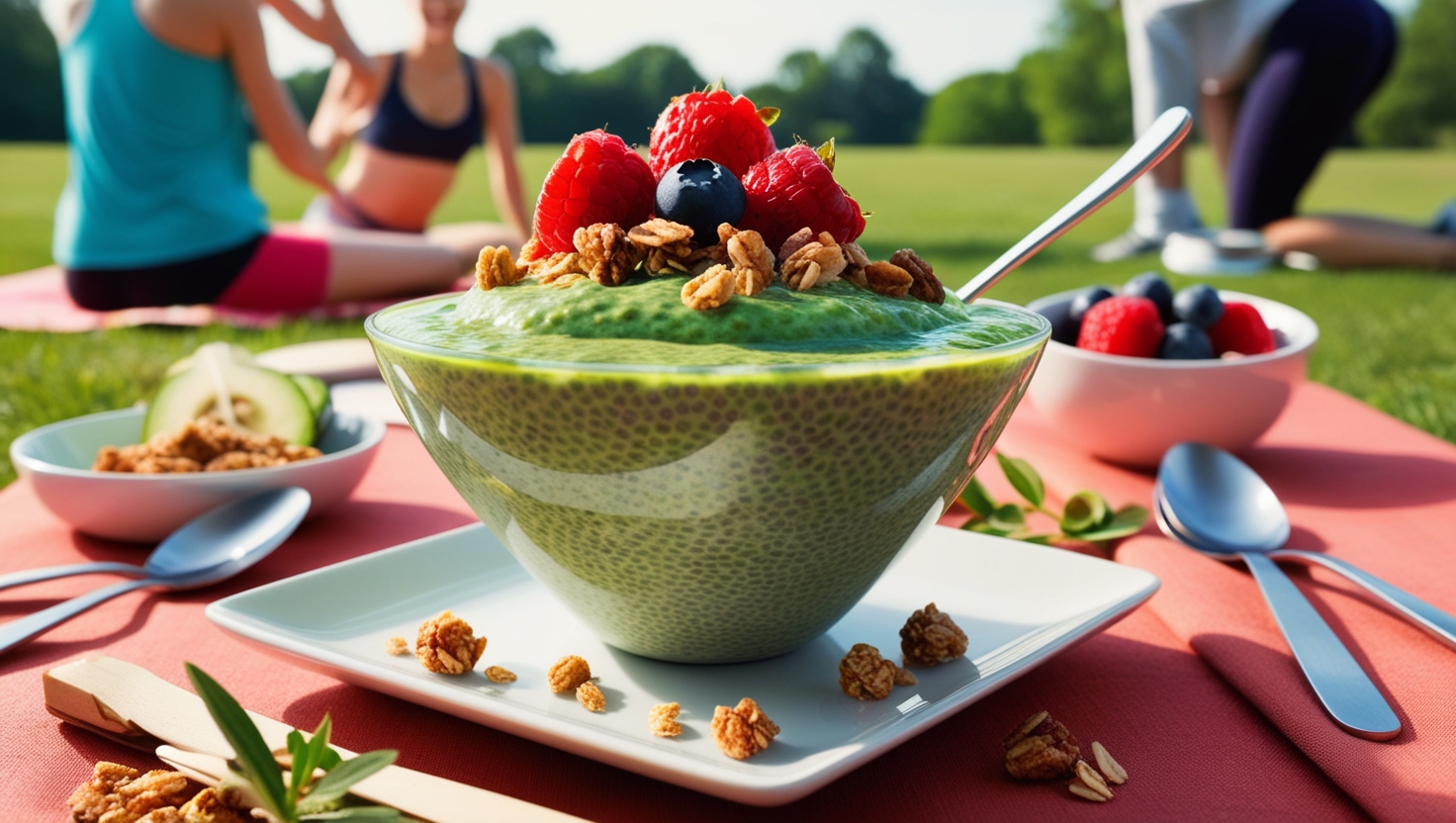 bowl of chia matcha pudding outdoor and exercice