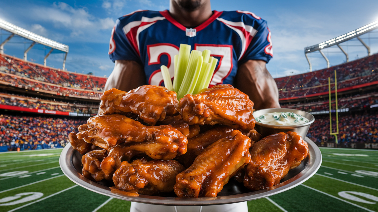 a football player holding a big dish of buffalo wings