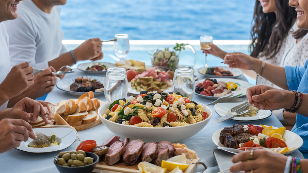 people around pasta mediterranean salad