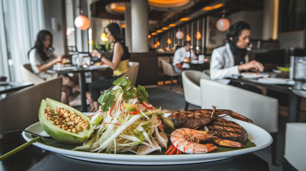 green papaya accompagned with gambas and roasted meat